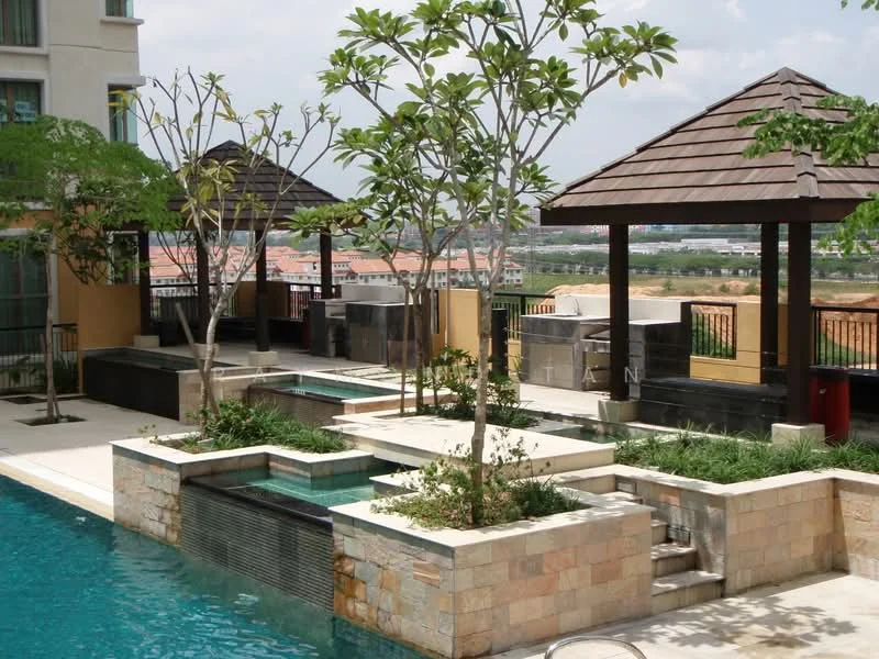 Exterior type: swimming pool deck; features: infinity pool, pool deck with loungers, landscaped garden with trees, stone-clad planters, pavilion with wooden roof, water feature, manicured lawn, surrounding city view; style: modern.