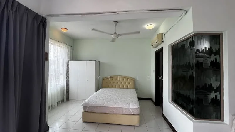 Bedroom features: queen-size bed, upholstered headboard, white walls, ceiling fan, window with sheer curtains, built-in wardrobe with sliding doors, tile flooring, air conditioning unit, decorative wall with city skyline design; style: modern.