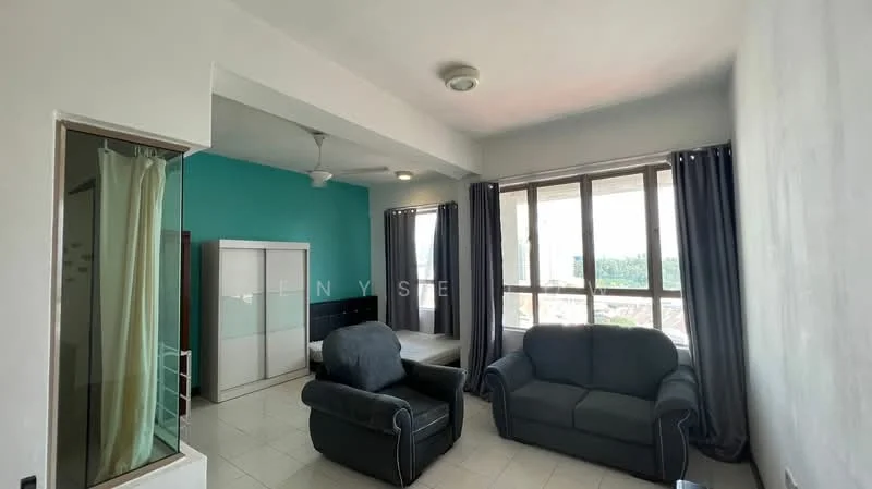 Living features: 2-seater fabric sofa in dark grey, 3-seater fabric sofa in dark grey, floor-to-ceiling windows, curtains in dark grey, light ceiling fan, white painted walls, tile flooring, built-in wardrobe, green accent wall; style: modern; view: garden.