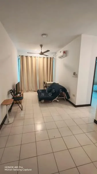 Living features: white painted walls, ceramic tile flooring, 5-blade ceiling fan, wall-mounted air conditioning unit, floor-to-ceiling windows with sheer curtains, small dining table, folding chair, television, blue bed cover, light fixture on ceiling; style: modern.
