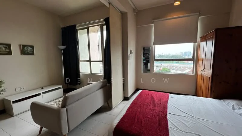 Bedroom features: queen-size bed with white bedding, red throw blanket, wooden wardrobe, floor-to-ceiling window, curtains in dark color, white walls, tile flooring, sofa in light color, TV console, decorative artwork on walls; style: modern; view: city.