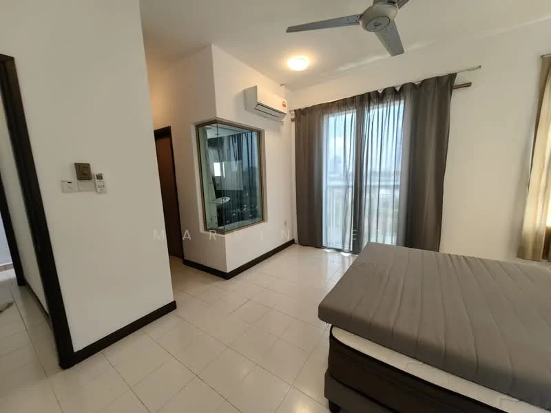 Bedroom features: queen-size bed, floor-to-ceiling windows, curtains, wall-mounted split AC, light fixture on ceiling, white painted walls, tile flooring, built-in wardrobe with glass front; style: modern; view: city.
