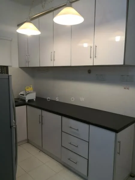 Kitchen features: white cabinetry with flat-panel doors, black countertop, stainless-steel fridge, built-in oven, double-basin sink, chrome pull-down faucet, 2 pendant lights, white tiled backsplash, ceramic tile flooring, open shelving, kitchen utensils on countertop; style: modern.