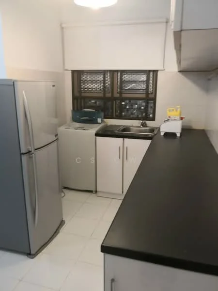Kitchen features: stainless-steel fridge, white washing machine, single-bowl stainless-steel sink, chrome pull-down faucet, black countertop, white cabinetry, tile backsplash, white tiled flooring, window with metal grille, ceiling light fixture; style: modern.