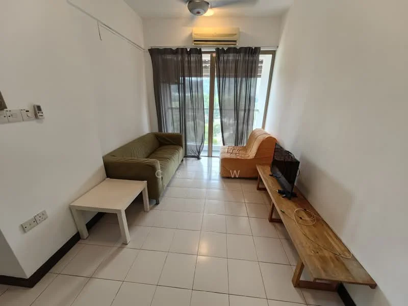 Living features: 2-seater fabric sofa in green, 3-seater fabric sofa in orange, wooden coffee table, wooden TV console, wall-mounted TV, floor-to-ceiling windows, sheer curtains, air conditioning unit, white painted walls, tile flooring; style: modern; view: city.