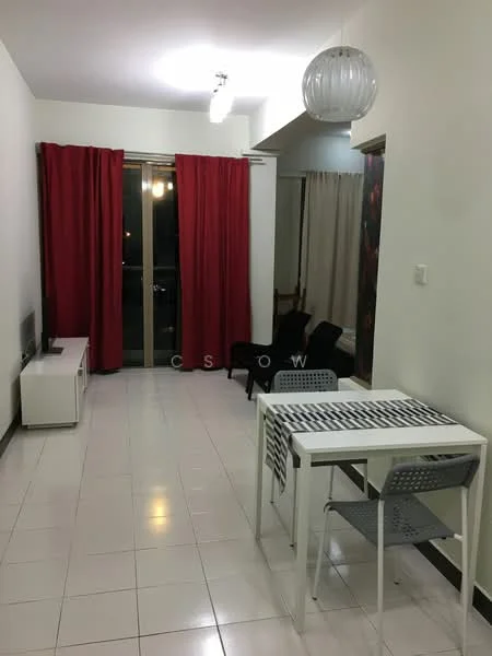 Living features: white painted walls, white tiled flooring, ceiling light fixture, large sliding glass door, red curtains, beige curtains, black armchair, white TV console, small dining table with grey chairs, decorative wall art; style: modern.