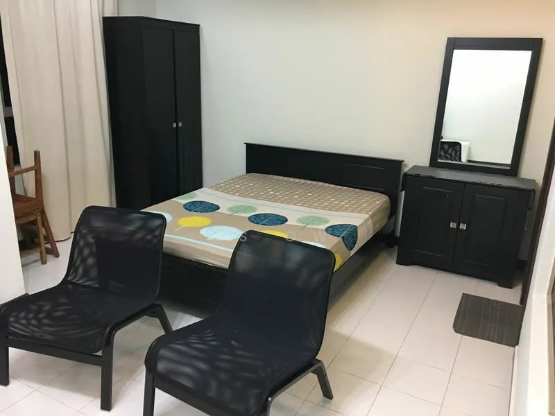 Bedroom features: queen-size bed with patterned bedding, black wooden bed frame, black wooden wardrobe, black wooden dresser with mirror, two black lounge chairs, white tiled flooring, light-colored walls, curtains, area rug; style: modern.