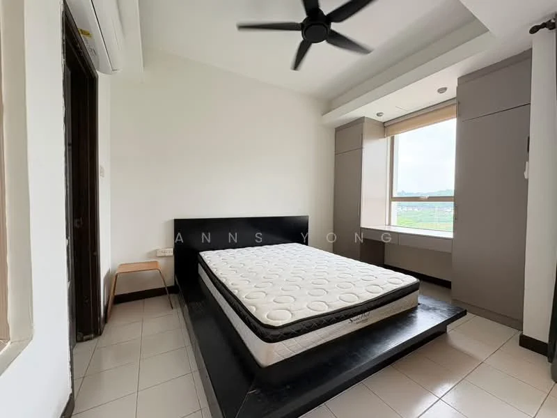 Bedroom features: queen-size bed base, mattress on bed base, black bed frame, white painted walls, tile flooring, ceiling fan, window with roller blinds, built-in wardrobe, corner window with view, nightstand, recessed lighting; style: modern; view: city.