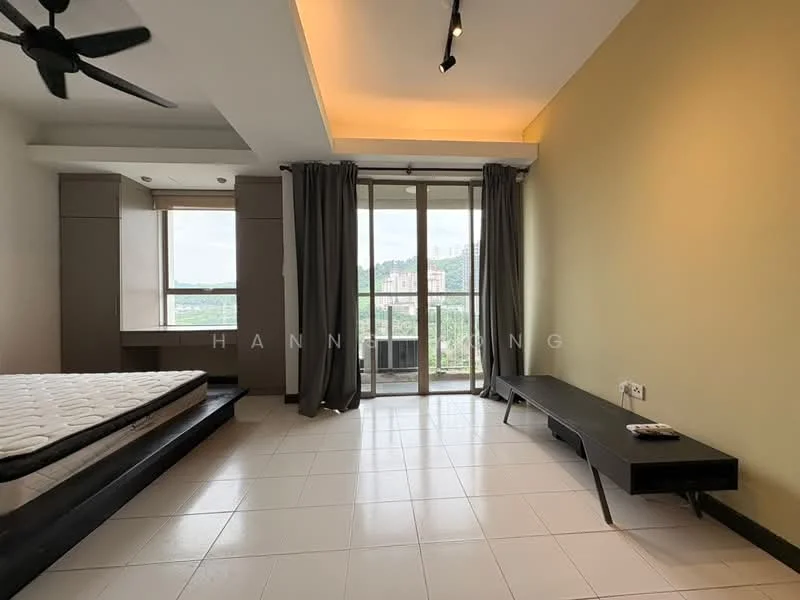 Bedroom features: floor-to-ceiling windows, sliding glass door, grey curtains, ceiling fan, white walls, light-colored accent wall, tile flooring, built-in wardrobe, black TV console, queen-size bed base without mattress; style: modern; view: city.