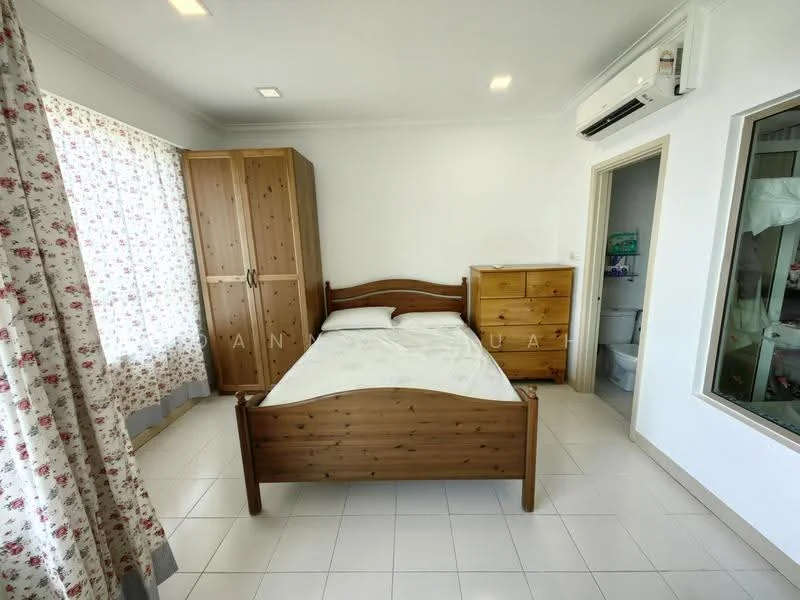 Bedroom features: queen-size bed with wooden frame, wooden wardrobe, floral patterned curtains, white painted walls, tile flooring, air conditioning unit, window with view to bathroom, bedside table; style: minimalist.