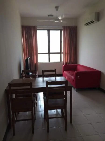 Living features: red fabric sofa, wooden dining table, 4 wooden dining chairs, floor-to-ceiling window, curtains in light brown, wall-mounted TV, 1 wall-mounted split AC, light-colored tiled flooring, ceiling fan; style: modern; view: city.