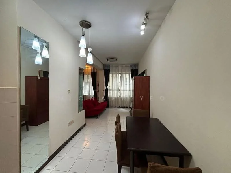 Dining features: white painted walls, tile flooring, recessed downlights, 3 pendant lights, dining table with 4 chairs, red fabric sofa, full-height mirror, curtains, window with natural light; style: modern.