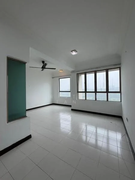 Room features: white painted walls, glossy white tile flooring, 5-blade ceiling fan, floor-to-ceiling windows, city view, recessed downlights, corner window, light switch, baseboards; style: modern; view: city.
