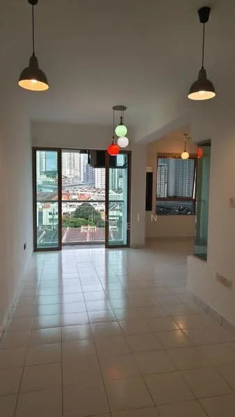 Living features: white painted walls, glossy white tile flooring, floor-to-ceiling windows, city view, 3 pendant lights with colorful bulbs, recessed downlights, open layout, sliding glass door; style: modern; view: city.