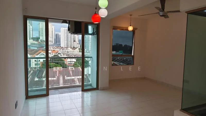 Living features: floor-to-ceiling windows, sliding glass door, white painted walls, ceramic tile flooring, 5-blade ceiling fan, pendant lights in red, green, and white, balcony view, natural light from windows; style: modern; view: city.