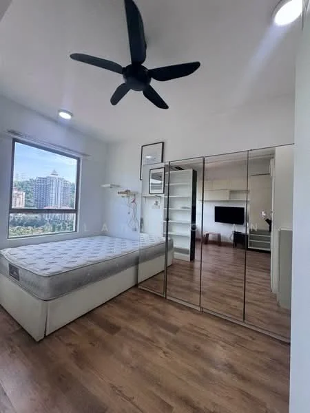 Bedroom features: queen-size bed, upholstered headboard, mirrored wardrobe, wooden flooring, ceiling fan with light, floor-to-ceiling window, city view, wall-mounted TV, built-in shelving, decorative wall art; style: modern; view: city.