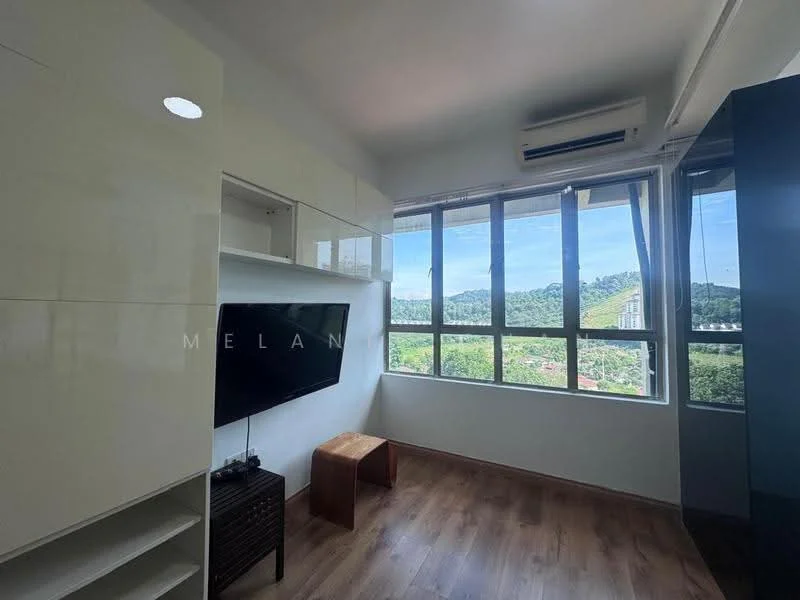 Room features: large windows with mountain view, white glossy cabinetry, wall-mounted TV, wooden flooring, air conditioning unit, small wooden stool, neutral wall color, built-in shelving; style: modern; view: mountain.