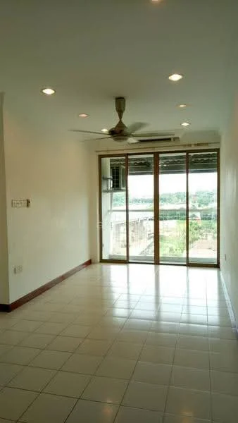 Living features: white painted walls, glossy ceramic tile flooring, 5-blade ceiling fan with light, recessed downlights, floor-to-ceiling sliding glass door, window with view of greenery, air conditioning unit, wooden window frame, neutral color scheme; style: modern; view: garden.