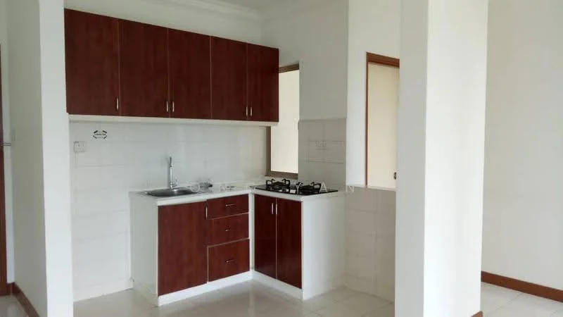 Kitchen features: brown wooden cabinetry, white countertop, single-bowl stainless-steel sink, chrome faucet, gas stove with two burners, white tiled backsplash, white tiled flooring, window for natural light; style: modern.