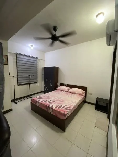 Bedroom features: queen-size bed with pink patterned bedding, wooden bed frame, 2 bedside tables, ceiling fan, wall-mounted air conditioning unit, sliding window with blinds, built-in wardrobe, white painted walls, tile flooring, 2 ceiling lights; style: modern.
