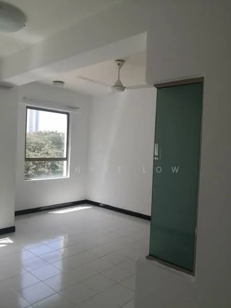Room features: white painted walls, tile flooring, ceiling fan, large windows, natural light, black skirting, corner glass panel, view of greenery; style: modern; view: garden.
