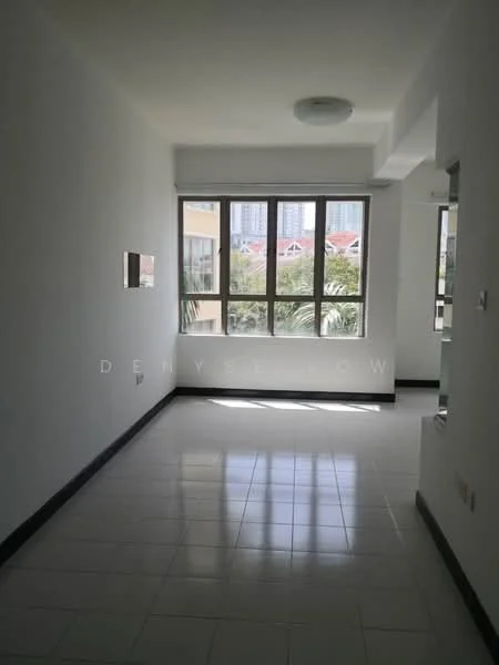 Room features: white painted walls, tile flooring, large windows, natural light, ceiling light fixture, corner window, view of greenery, neutral color scheme; style: modern; view: garden.