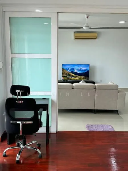 Living features: light grey fabric sofa, flat-screen TV on console, wooden flooring, white walls, ceiling fan, air conditioning unit, decorative wall art, area rug, glass partition, study desk with chair; style: modern.