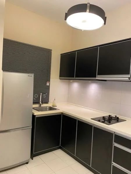 Kitchen features: black cabinetry with silver handles, white countertop, stainless-steel fridge, single-bowl stainless-steel sink, chrome pull-down faucet, 4-burner gas hob, wall-mounted range hood, tile backsplash, recessed lighting, roller blinds on window, white tiled flooring; style: modern.