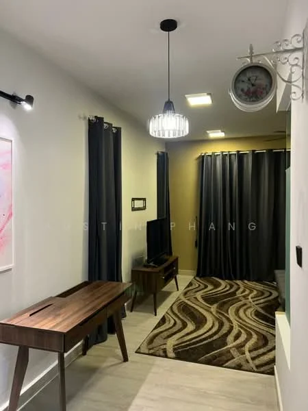 Room features: white painted walls, laminate flooring, recessed downlights, pendant light, TV console, wall-mounted TV, dark curtains, area rug with wave pattern, wooden console table, clock on wall; style: modern.
