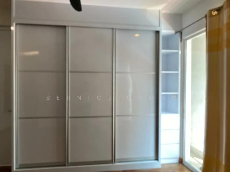 Room features: built-in wardrobe with sliding doors, white glossy finish, wooden flooring, floor-to-ceiling window, sheer curtains, open shelving unit, ceiling fan; style: modern.
