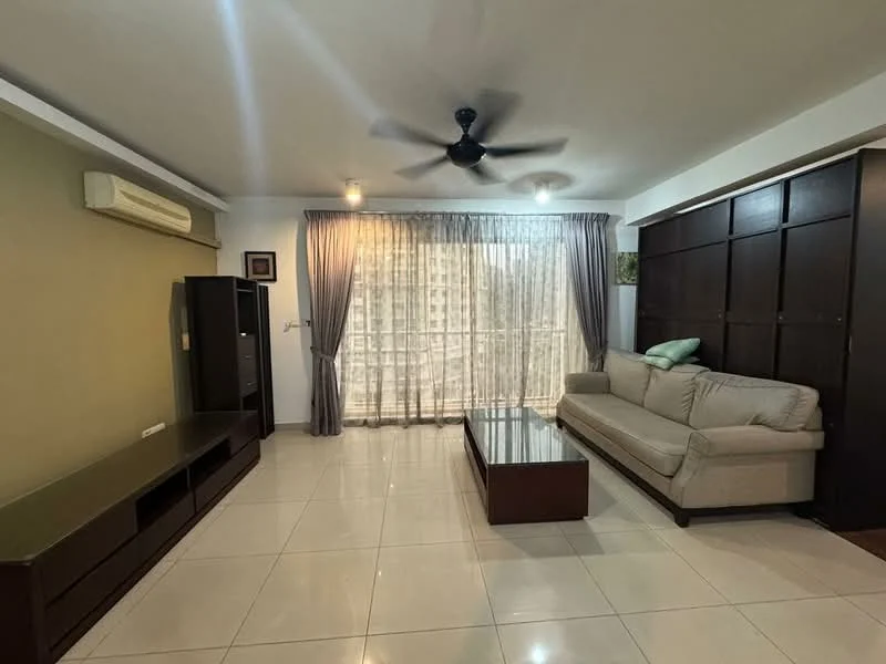 Living features: light grey fabric sofa, wood coffee table, dark wood TV console, built-in dark wood shelving unit, floor-to-ceiling windows, sheer curtains, white walls, recessed downlights, 1 wall-mounted split AC, glossy white tile flooring, ceiling fan; style: modern; view: city.