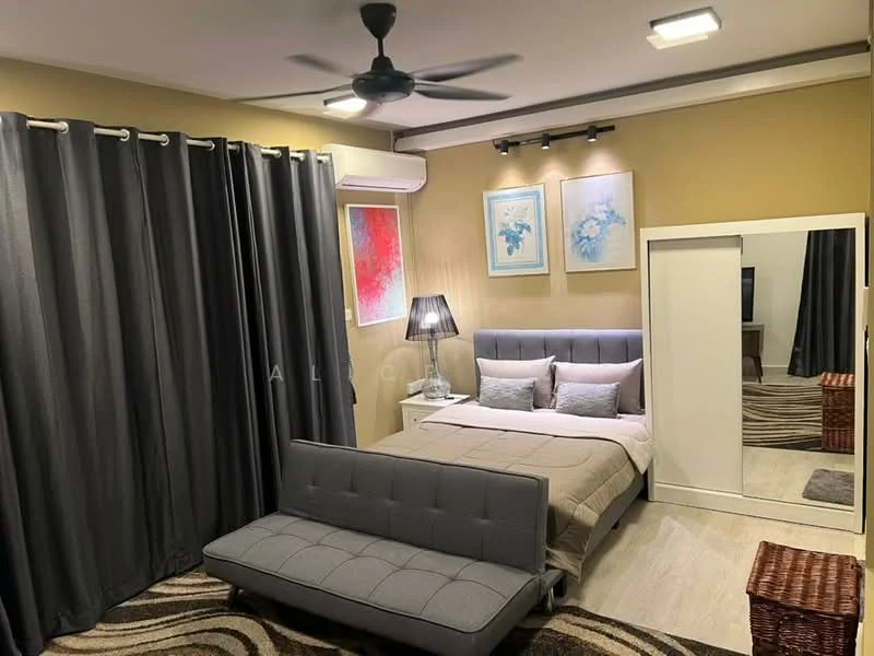 Bedroom features: queen-size bed with upholstered headboard, grey bedding, 2 bedside lamps, wall-mounted air conditioning unit, 5-blade ceiling fan with light, framed artwork on walls, full-length mirror, dark grey curtains, wooden flooring, area rug with geometric pattern, foldable grey sofa, woven storage basket; style: modern.