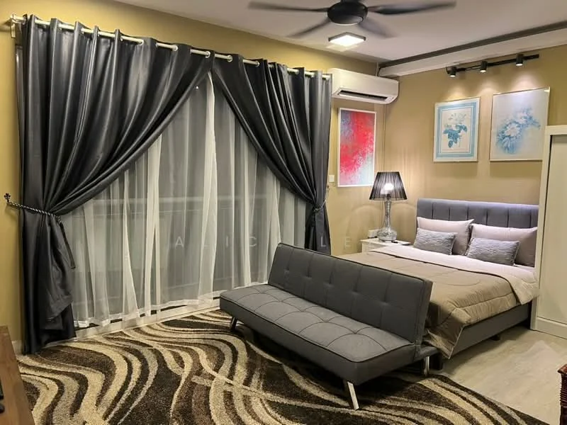 Bedroom features: queen-size bed with upholstered headboard, grey fabric sofa bed, area rug with abstract pattern, floor-to-ceiling windows with sheer curtains, blackout curtains, wall-mounted air conditioning unit, ceiling fan with light, decorative wall art, nightstand with lamp; style: modern.