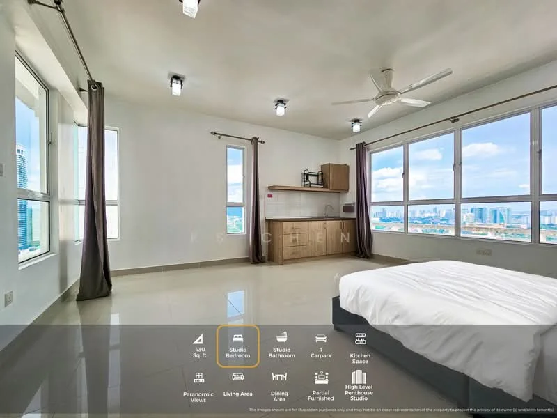 Bedroom features: queen-size bed with white bedding, floor-to-ceiling windows, grey curtains, white painted walls, ceiling fan with light, tile flooring, wooden cabinetry, kitchenette with sink, open layout, city skyline view; style: modern; view: city.