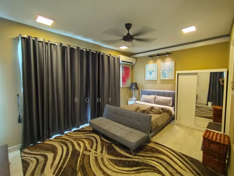 Bedroom features: queen-size bed with grey bedding, upholstered headboard, 2 bedside tables, table lamp on bedside table, large mirror wardrobe, dark grey curtains, 5-blade ceiling fan with light, area rug with abstract pattern, wooden flooring, wall-mounted air conditioning unit, framed artwork on walls; style: modern.