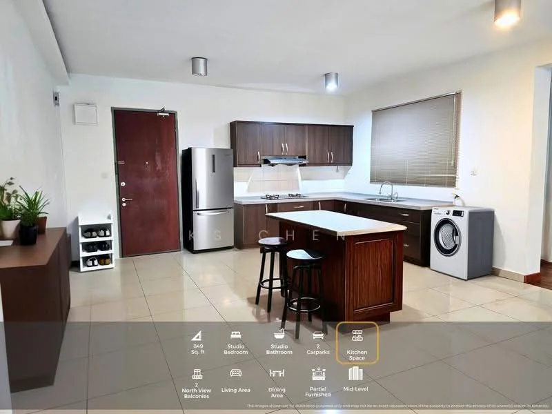 Kitchen features: brown wooden cabinetry, white countertop, stainless-steel fridge, freestanding gas stove with oven, single-bowl stainless-steel sink, chrome pull-down faucet, built-in washing machine, tile flooring, recessed downlights, window with blinds, open shelving, kitchen island with seating; style: modern.