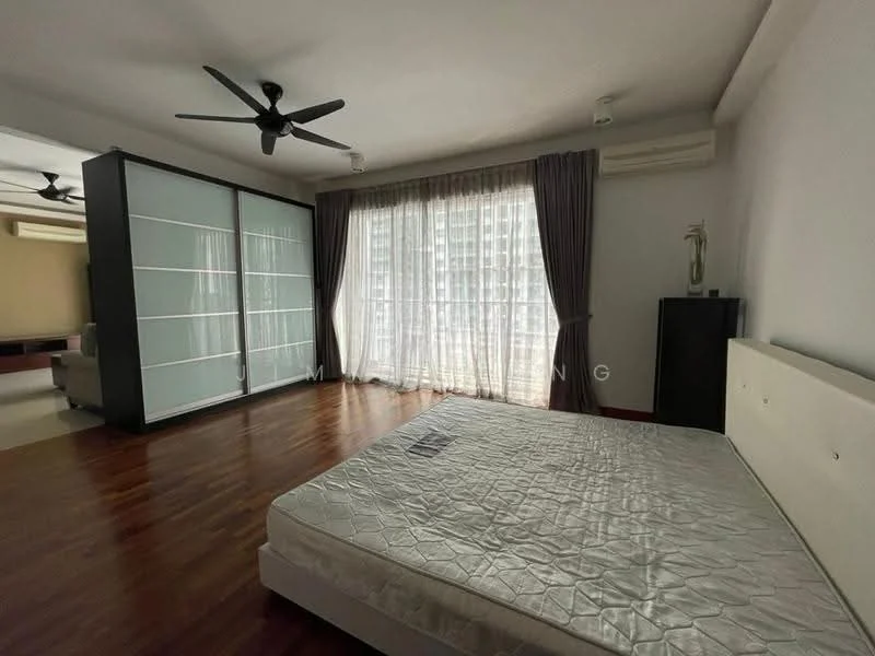 Bedroom features: wooden flooring, white painted walls, floor-to-ceiling windows, sheer curtains, dark grey curtains, 2-blade ceiling fan, built-in wardrobe with sliding doors, unmade bed with mattress; style: modern; view: city.