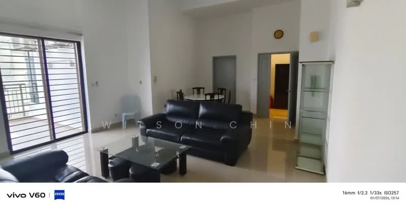 Living features: black leather sofa, 2-seater sofa, coffee table, glass display cabinet, white painted walls, tile flooring, floor-to-ceiling windows, natural light, dining table with chairs visible in background; style: modern.