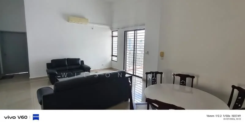 Living features: black leather 3-seater sofa, black leather 2-seater sofa, round dining table, 4 wooden dining chairs, large windows with horizontal metal grilles, white painted walls, tile flooring, recessed downlights, air conditioning unit on wall; style: modern; view: city.