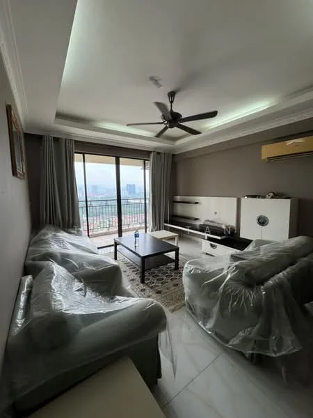 Living features: 2-seater fabric sofa in light color with protective covering, 3-seater fabric sofa in light color with protective covering, black coffee table, TV console with storage, wall-mounted TV, floor-to-ceiling windows, curtains, ceiling fan with light, recessed ceiling lights, marble flooring, decorative wall art, area rug with geometric pattern; style: modern; view: city.