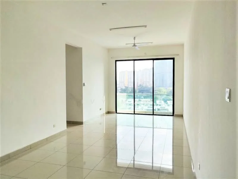 Living features: white painted walls, glossy ceramic tile flooring, floor-to-ceiling sliding glass door, 5-blade ceiling fan with light, natural light from large window, neutral color scheme, open layout, view of surrounding buildings; style: modern; view: city.