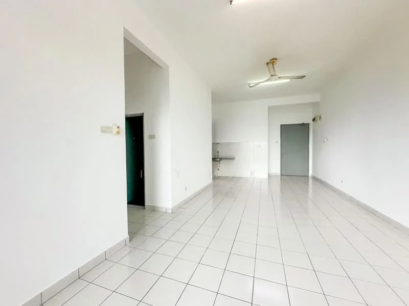 Room features: white painted walls, glossy white floor tiles, ceiling fan, kitchen area with wall cabinets, single door to adjacent room, open space layout, large windows for natural light, neutral color scheme; style: modern.