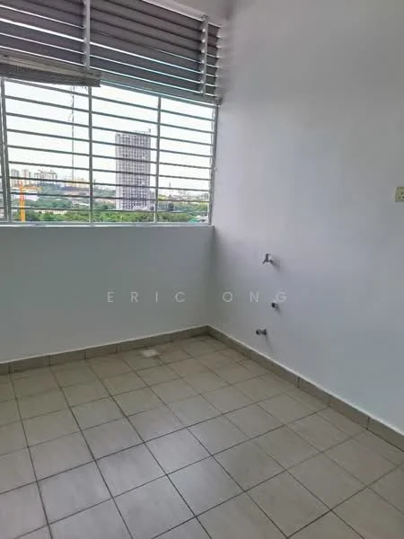 Room features: white painted walls, tile flooring, large windows, city view, window blinds, two wall-mounted water pipes; view: city.