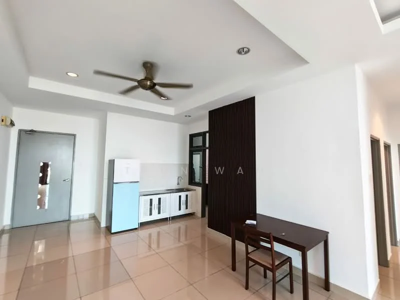 Living features: cream tiled flooring, white painted walls, ceiling fan with light, kitchenette with white cabinetry, stainless-steel fridge, single-bowl stainless-steel sink, chrome pull-down faucet, wooden dining table, wooden chair, large window, recessed lighting; style: modern.