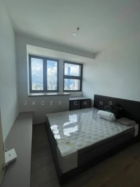 Bedroom features: queen-size bed, mattress with protective cover, two large windows with city view, light-colored walls, wooden flooring, built-in wardrobe, bedside table, ceiling light fixture; style: modern; view: city.