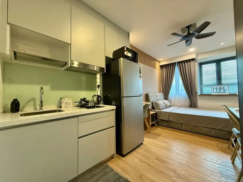 Kitchen features: white cabinetry, marble countertop, stainless-steel single-bowl sink, chrome pull-down faucet, built-in stove, stainless-steel fridge, microwave, kettle, wooden flooring, recessed downlights; style: modern. Living features: queen-size bed, upholstered headboard, sofa, wall-mounted TV, curtains, wooden flooring, ceiling fan; style: modern.