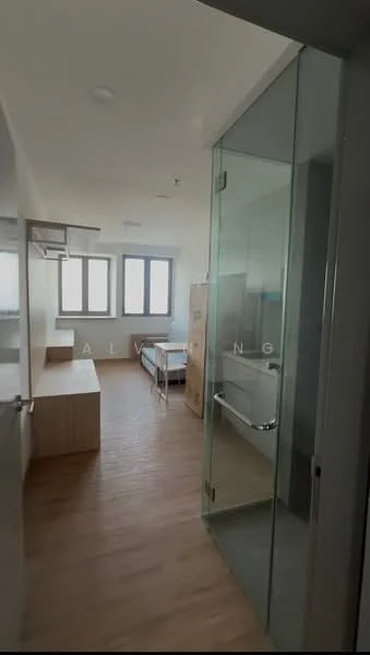 Room features: wooden flooring, glass shower enclosure, built-in wardrobe, single bed, desk with shelving, three windows, neutral wall color, ceiling light fixture; style: modern; view: city.