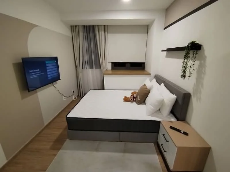 Bedroom features: queen-size bed, upholstered headboard, white bedding with decorative pillows, wall-mounted TV, floating shelf, curtains, wooden flooring, window with view, nightstand with drawers, decorative plant on shelf; style: modern.