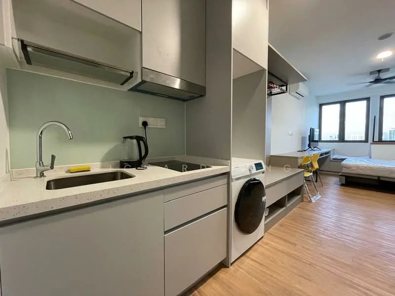 Kitchen features: single-bowl stainless-steel sink, chrome pull-down faucet, white quartz countertop, grey flat-panel cabinets, built-in washing machine, built-in dryer, kitchen appliances including kettle, open shelving, wood laminate flooring, recessed downlights, wall-mounted split AC; style: modern. Living features: sofa, TV console, wall-mounted TV, study desk, chair, wood laminate flooring, recessed downlights; style: modern.
