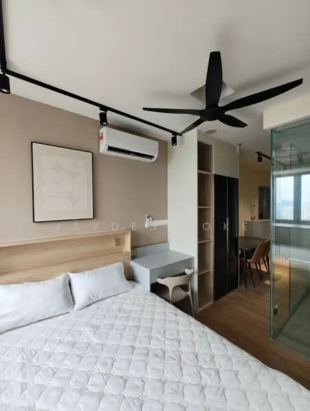 Bedroom features: king-size bed with white bedding, wooden headboard, 5-blade ceiling fan with integrated LED light, wall-mounted air conditioning unit, light wood flooring, glass partition wall, built-in wardrobe, study desk with chair, framed artwork on wall; style: modern; view: city.
